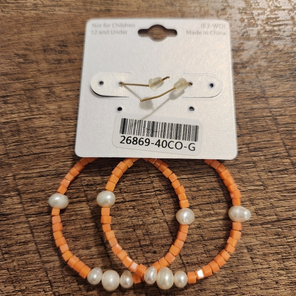 Orange and Pearl Hoop Earrings - Picture 5 of 5